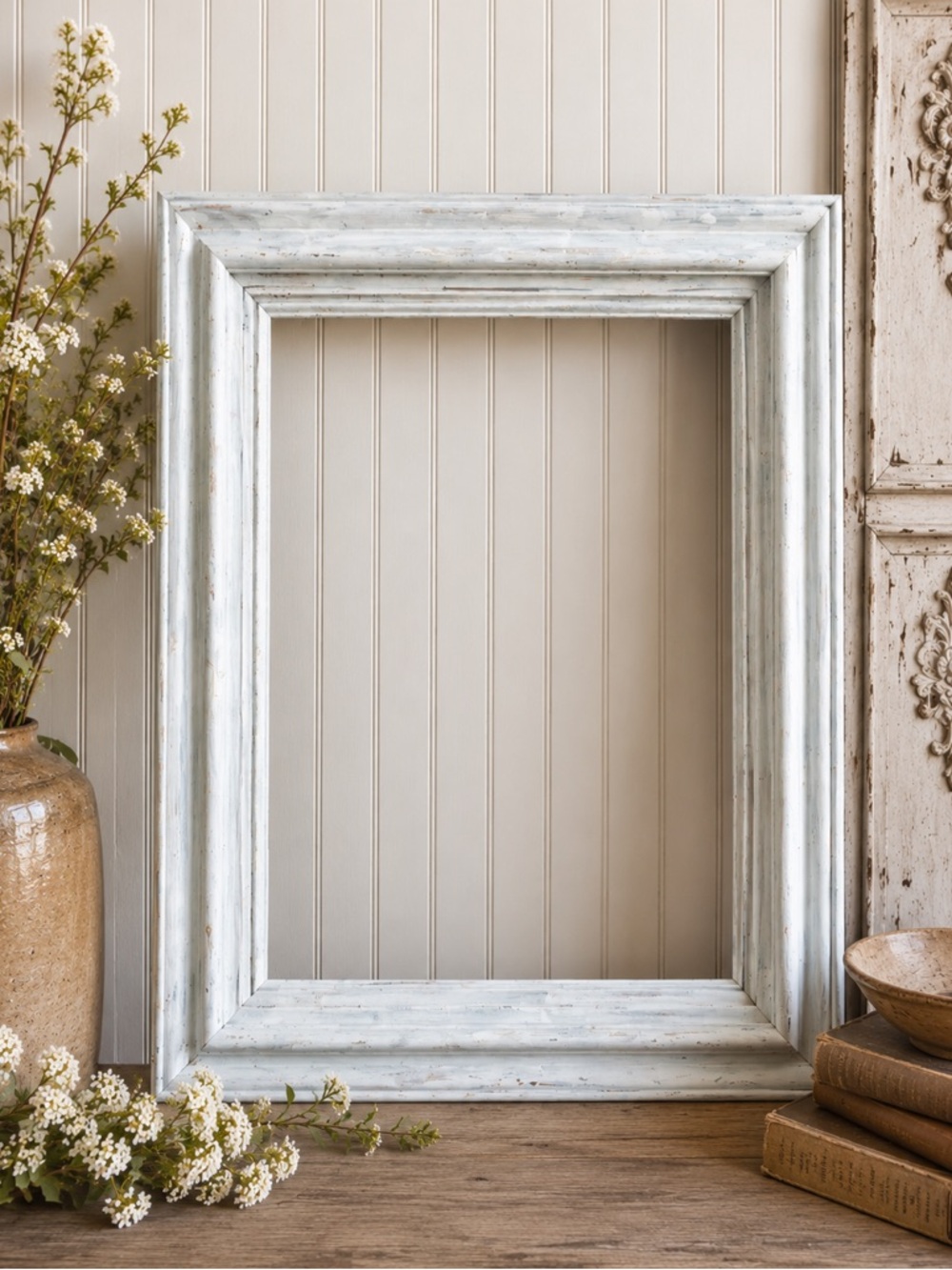 Vtg Whitewashed Wood Pic Fram, Large Distressed Farmhouse, Rustic Cottage Chic